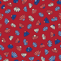 Chamomile seamless repeat pattern. Random placed, vector flower heads all over surface print on red background.
