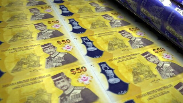 Brunei dollar money banknotes printing roll machine loop. Paper BND bank note print 3d looping seamless. Abstract concept of banking, debt, finance, economy and crisis.