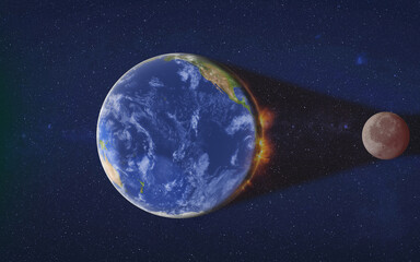 Moon eclipse. Red moon. Sunlight shadow between Earth and Moon. 3D rendered illustration.