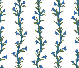 Seamless floral striped rustic pattern. Delicate spring blue leaf sprig with blooming flowers. Amazing ethnic liana plant swirls for textile. Vintage provence print with creeper