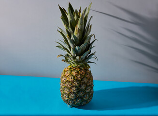 Pineapple isolated on a blue surface with grey background.