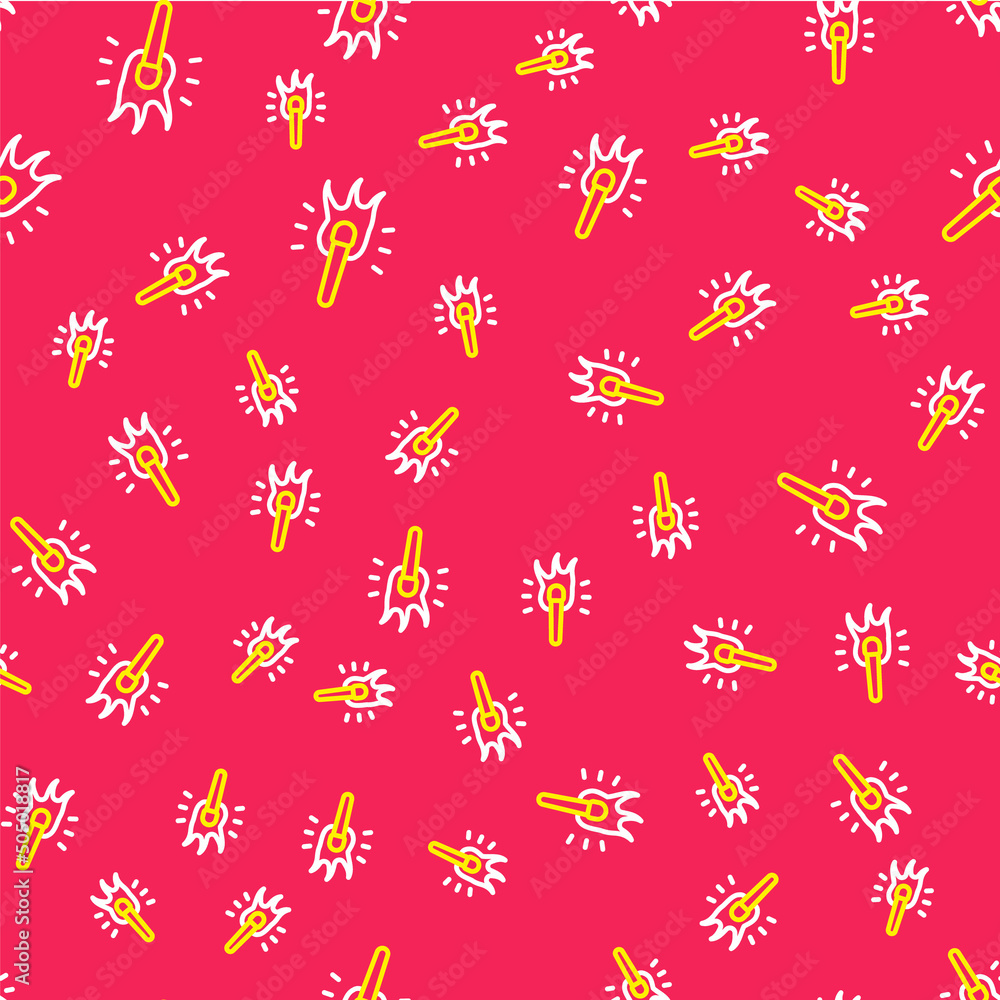 Poster line torch flame icon isolated seamless pattern on red background. symbol fire hot, flame power, fla
