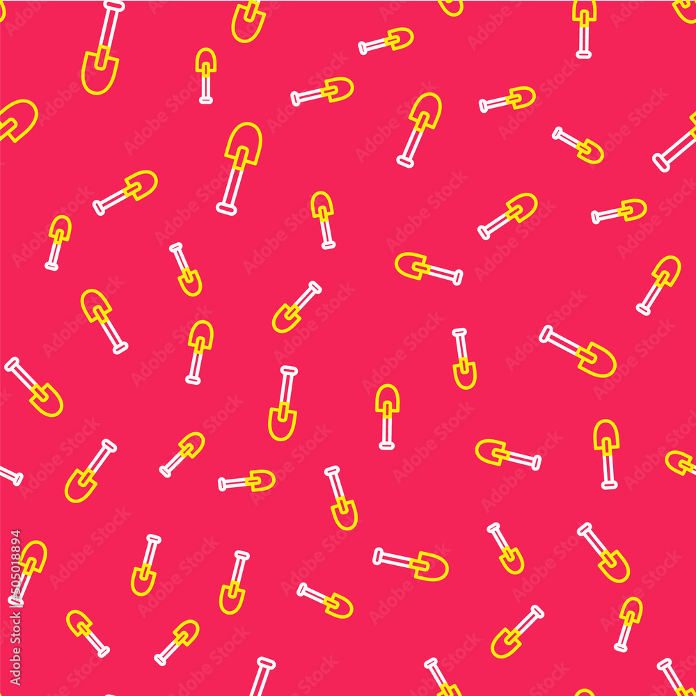 Poster line shovel icon isolated seamless pattern on red background. gardening tool. tool for horticulture,