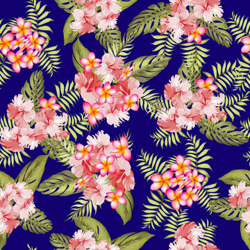 Vector seamless pattern of green tropical leaves with plumeria and hibiscus flowers on background. Seamless tropical pattern