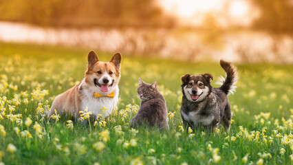 fluffy friends a cat and two dogs walking on a sunny spring meadow