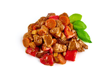 Stewed pork goulash, isolated on white background.