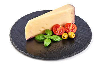 Traditional semi-hard merlot cheese, isolated on white background.