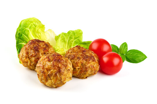 Baked meatballs, isolated on white background.