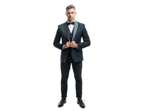 confident formal man in tuxedo bowtie isolated on white background. full length