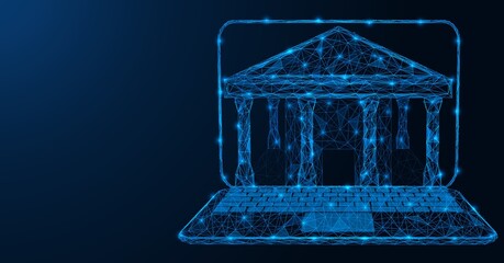 Electronic banking. The building of a financial institution in the laptop screen. Low-poly design of interconnected lines and dots. Blue background.