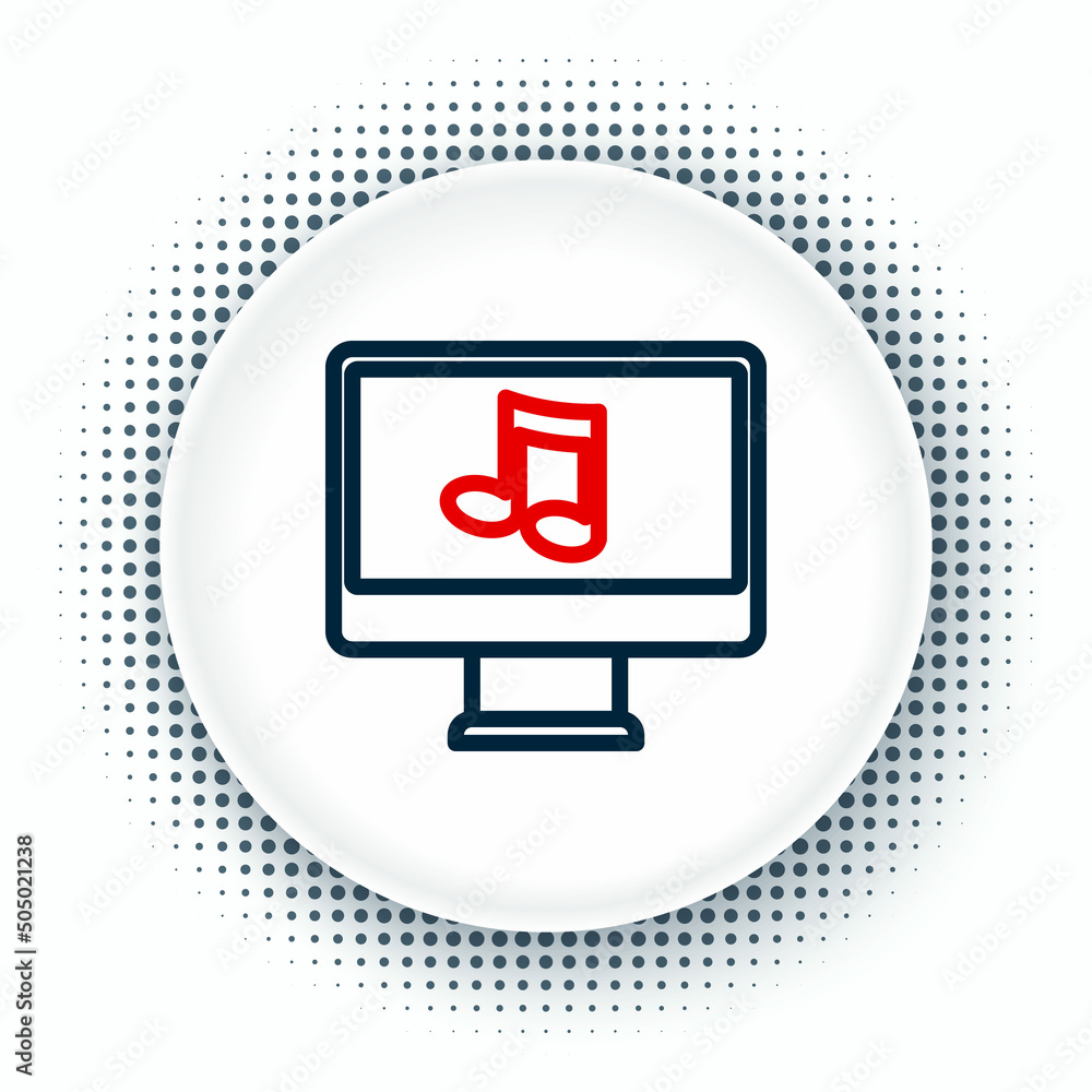 Poster line computer with music note symbol on screen icon isolated on white background. colorful outline c