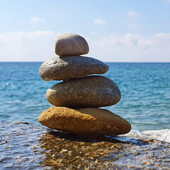 Pyramid of stones on the beach. The concept of harmony and relaxing .