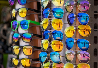 Reflector sunglasses on display