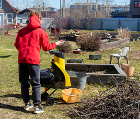 a woman in a red hoodie throws branches into a garden chopper or wood chopper for chopping trees