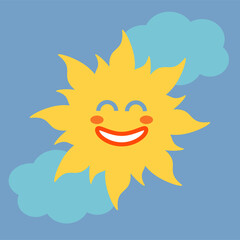 Child cartoon illustration sun in the sky. Funny character - sun with cloud on blue background.