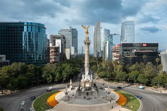 Mexico City, CDMX, Mexico, OCT, 16 2021, El Ángel de la Independencia drone view, landmark in Mexico City, sky with clouds,