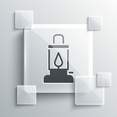 Grey Camping lantern icon isolated on grey background. Square glass panels. Vector