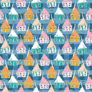 Cute Hand Drawn Houses In Bold Colours On Blue Street Background. Rough Grunge Drawing Seamless Vector Pattern For Kids Wallpaper, Wrapping Paper And Home Decor.