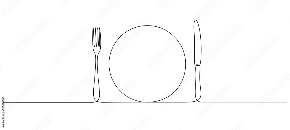 Poster One continuous line drawing of food tools. Plate Fork and Knife for decoration restoran menu in simple linear style. Hand drawn sign or logo cafe. Editable stroke. Doodle vector illustration