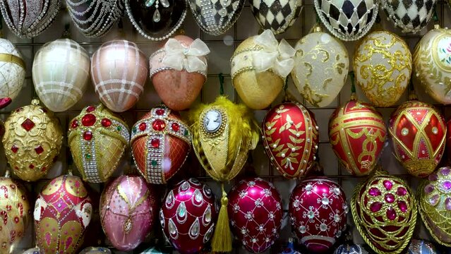 Faberge eggs shaped christmas baubles in Museum of Christmas Glass Baubles in Nowa Deba, Poland, 4k video