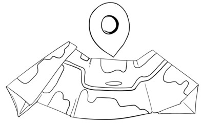 Linear paper map with geo tag. Vector graphics of delivery, moving, opening a business, logistics. Stock vector image of the route.