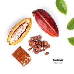 Creative layout made of cacao powder,  cacao fruit and cacao beans on the white background. Flat...