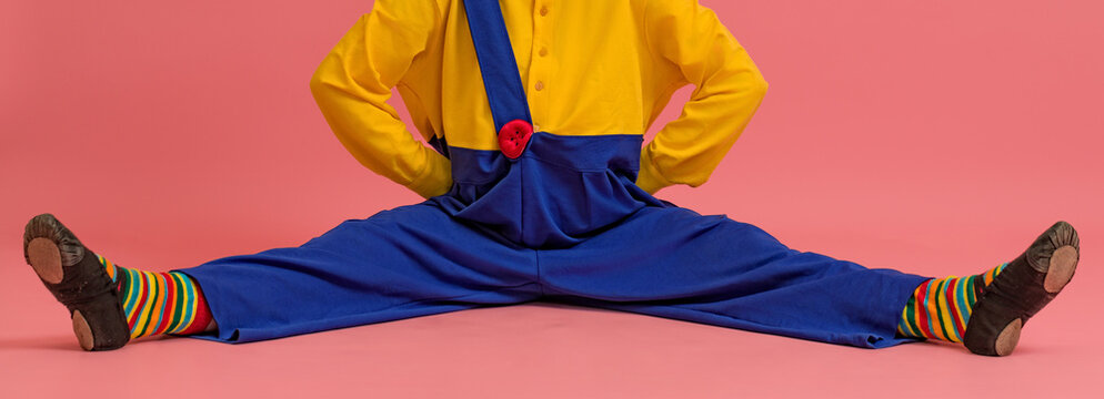a clown in a yellow-blue suit sits with legs apart on a colored background, close-up