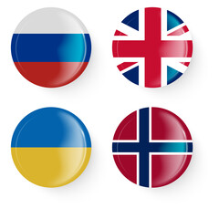 Round flags of Russia, Ukraine, Norway, Britain. Pin buttons.