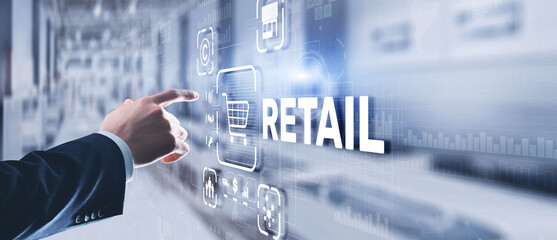 Fototapeta na wymiar Retail concept marketing channels E-commerce Shopping automation on virtual screen