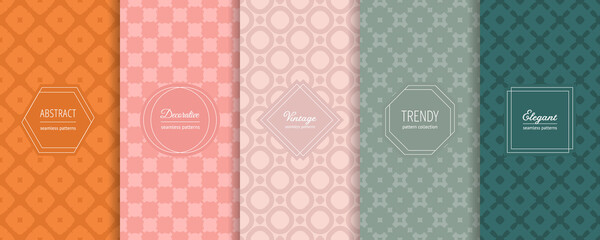 Vector geometric seamless patterns. Set of modern backgrounds with elegant minimal labels. Abstract floral grid ornament textures. Trendy spring summer pastel color palette. Elegant decorative design