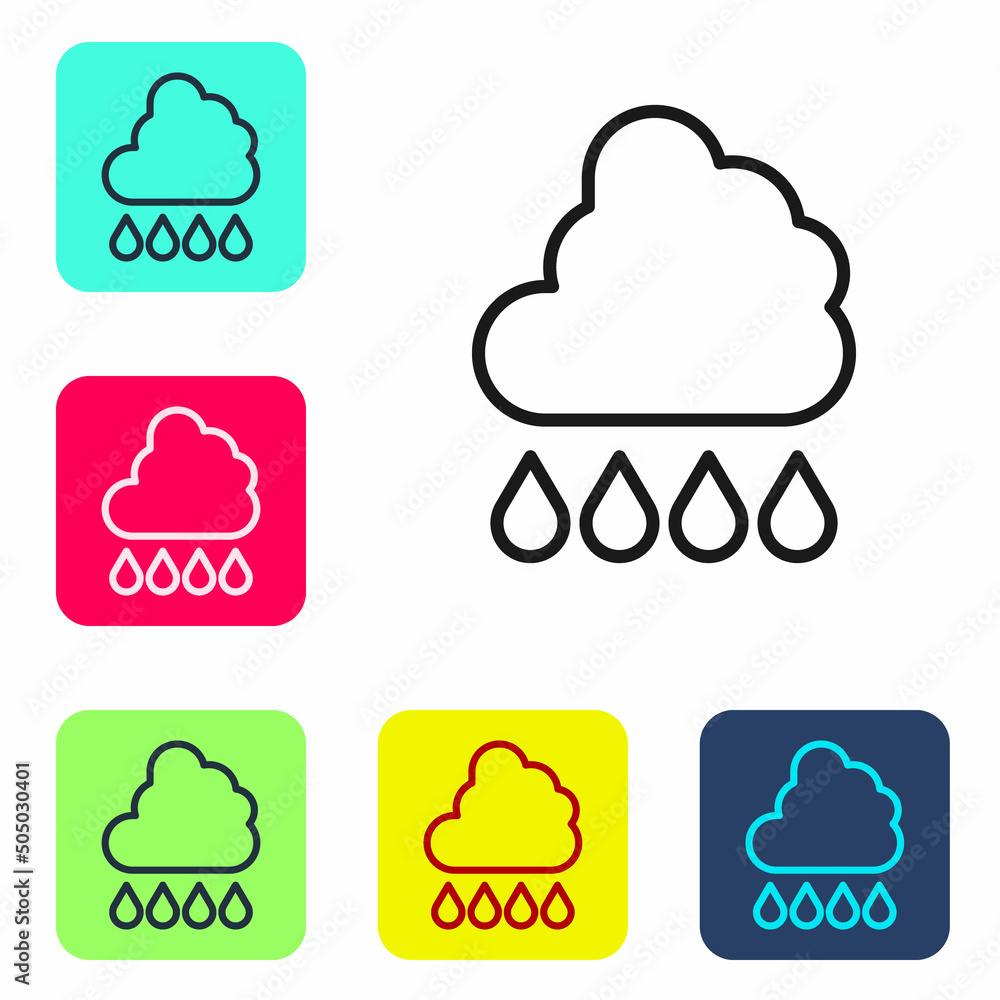 Poster black line cloud with rain icon isolated on white background. rain cloud precipitation with rain dro