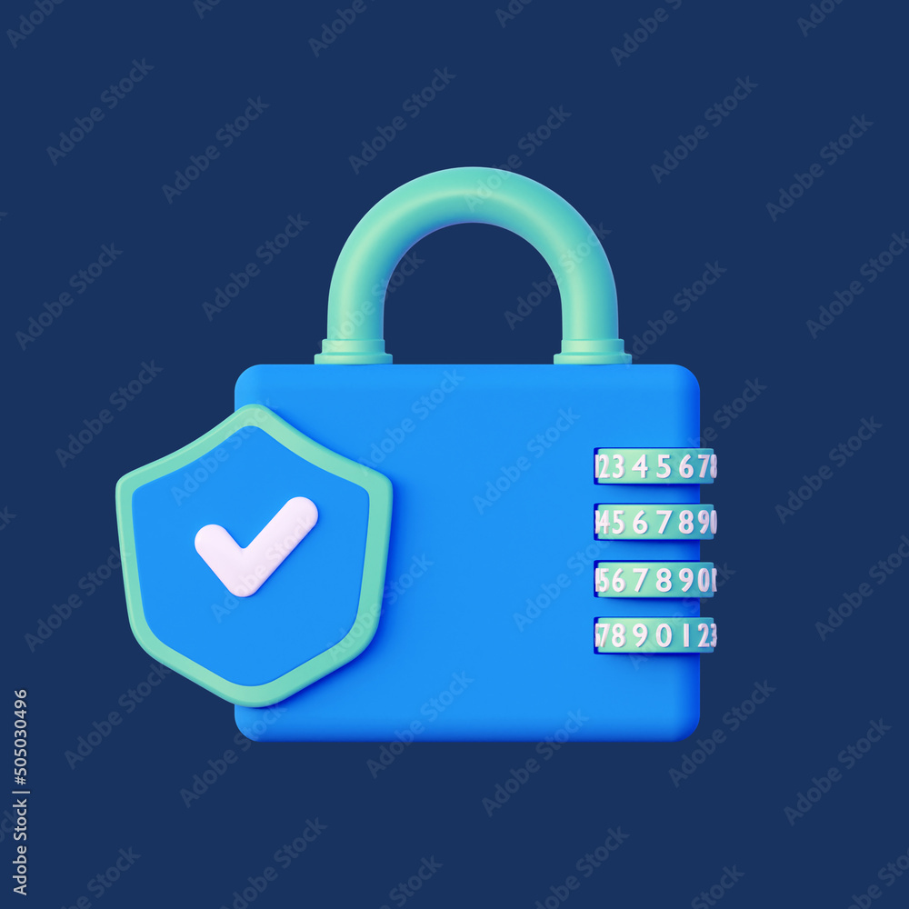 Poster a lock with a code and a shield. in blue and green tones. 3d rendering illustration isolated on dark