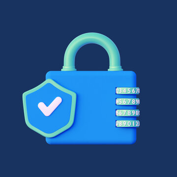 A lock with a code and a shield. In blue and green tones. 3d rendering illustration isolated on dark blue background. Cyber security concept.