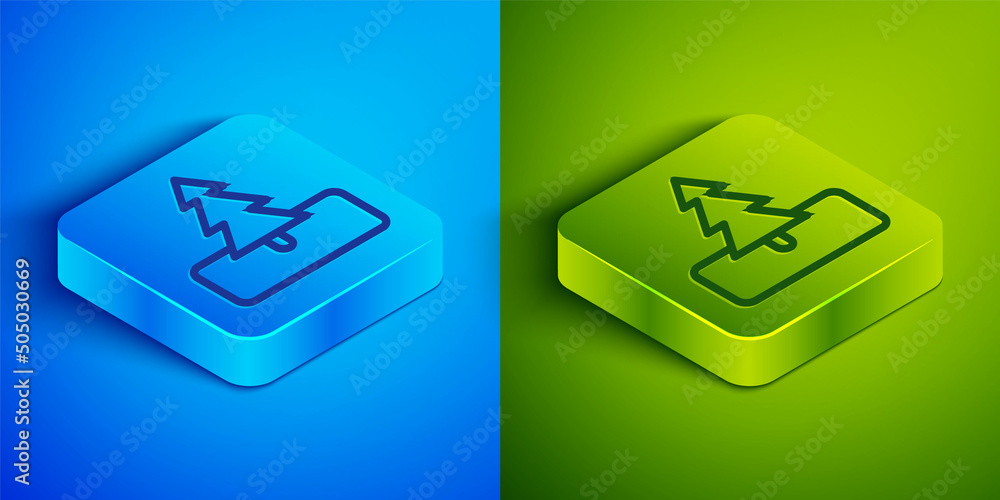 Poster isometric line tree icon isolated on blue and green background. forest symbol. square button. vector