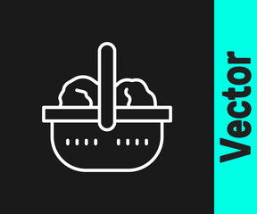 White line Shopping basket and food icon isolated on black background. Food store, supermarket. Vector
