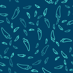 Fototapeta premium Green line Hot chili pepper pod icon isolated seamless pattern on blue background. Design for grocery, culinary products, seasoning and spice package, cooking book. Vector