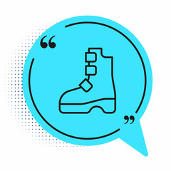 Black line Ancient viking boots icon isolated on white background. Traditional clothes and accessories of past times. Blue speech bubble symbol. Vector