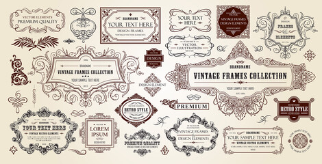 Naklejka na ściany i meble Vintage frames collection. Luxury classic vignettes, borders, labels and monograms isolated on a white background. Decorative calligraphic elements for certificates, posters and cards in retro style.