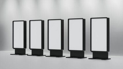 Blank mock up vertical billboard or LCD screen floor stand, 3D rendering.