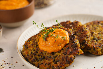 Vegetable carrot and quinoa pancakes on a plate topped with paprika hummus, sunflower seeds....