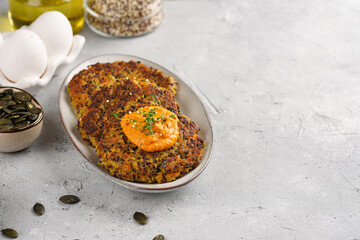 Vegetable carrot and quinoa pancakes on a plate topped with paprika hummus, sunflower seeds. Healthy vegetarian food - plant based diet concept. copy space