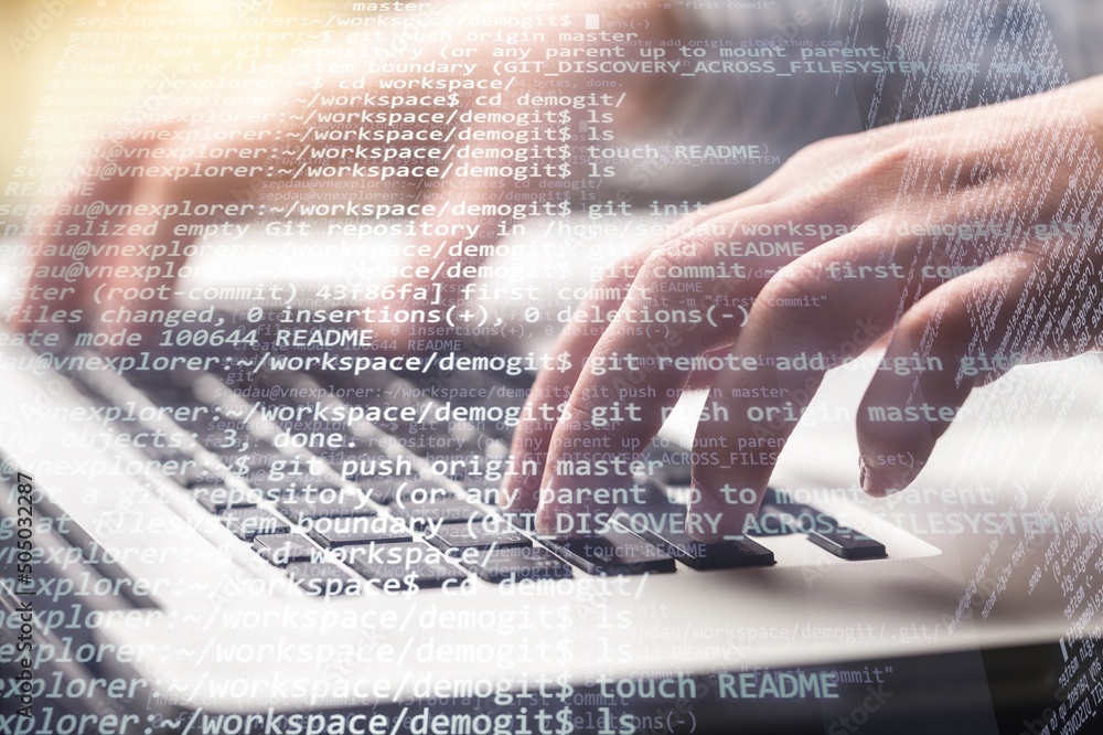 Poster intelligence and business analytics concept. man designer working on laptop computer