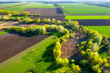 Aerial view to spring green fields, trees and dry river bed - obrazy, fototapety, plakaty