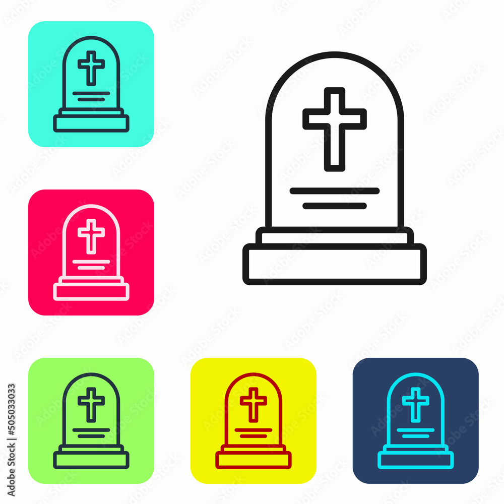 Poster black line grave with tombstone icon isolated on white background. set icons in color square buttons