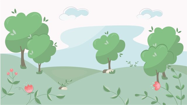 Cute rural landscape with trees and flowers. Flat cartoon illustration of a beautiful spring or summer nature. Delicate green shades.Vetor graphics.