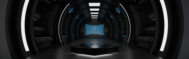 Pentagon podium in spaceship or space station interior Sci Fi tunnel, Banner header for Website,  3D rendering.
