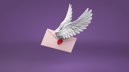 3D Special Delivery Mail Letter Envelope With Wings on Purple Background Isolated