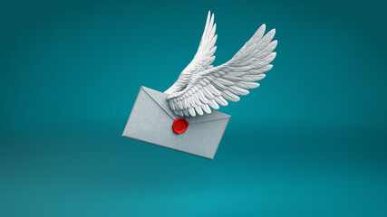 3D Special Delivery Mail Letter Envelope With Wings on Teal Background Isolated