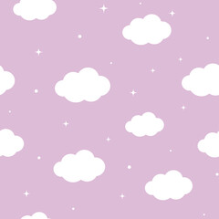 Seamless pattern with clouds and sparkles. Lilac background. Vector seamless background for kids and babies. Vector illustration.