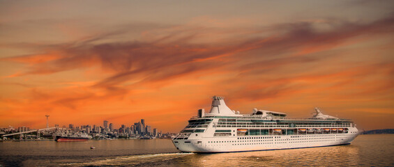 Seattle, Washington, USA - 8-20-2010:  A cruise ship has just departed from Seattle, with Seattle...